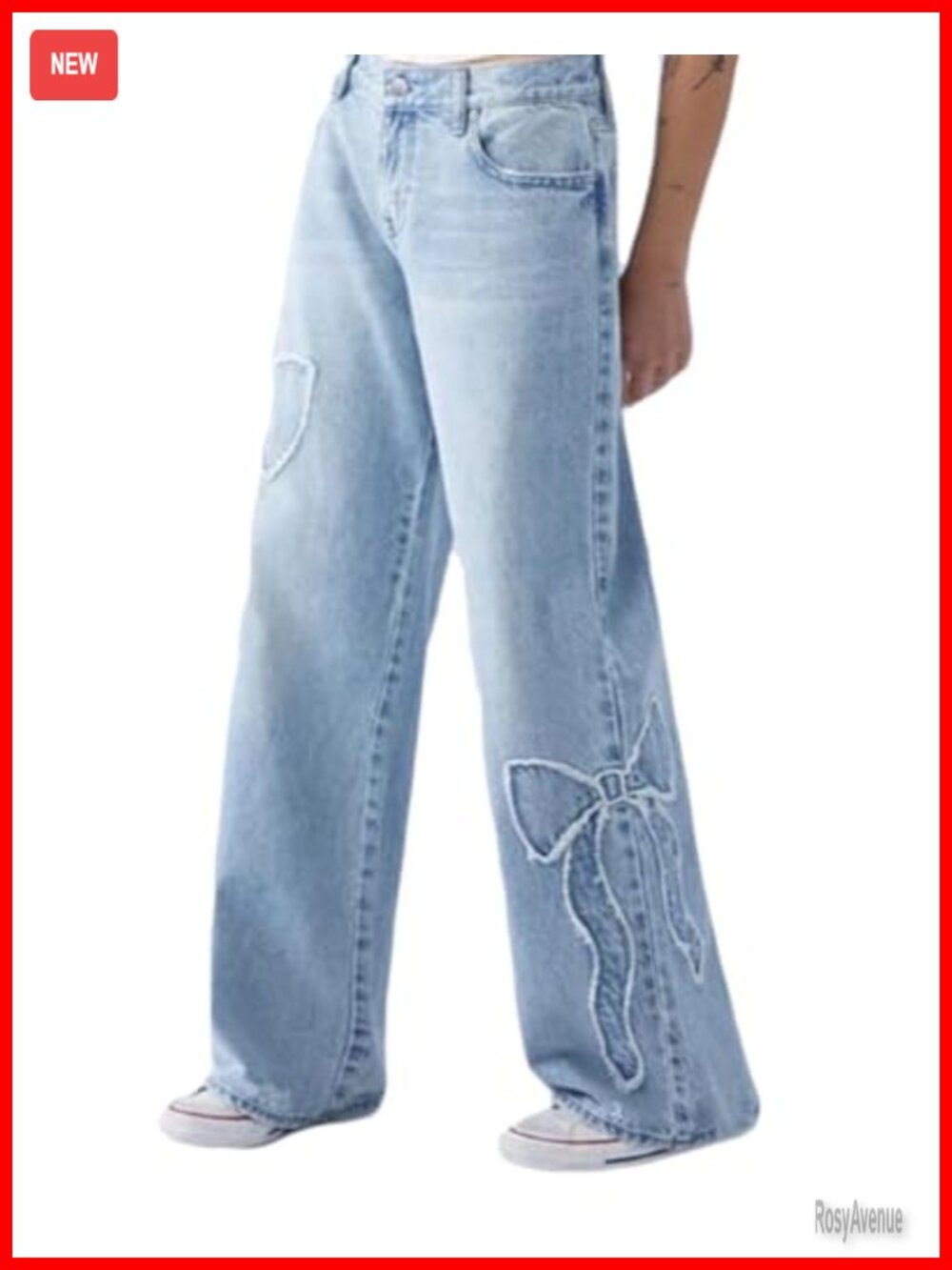 Straight Leg Frayed Edge Bow-Tie Embroidery High Rise Loose Denim Jeans